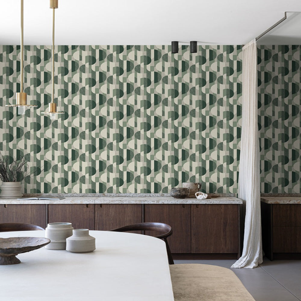 Vertical Art Tempo Emerald Wallpaper in room setting