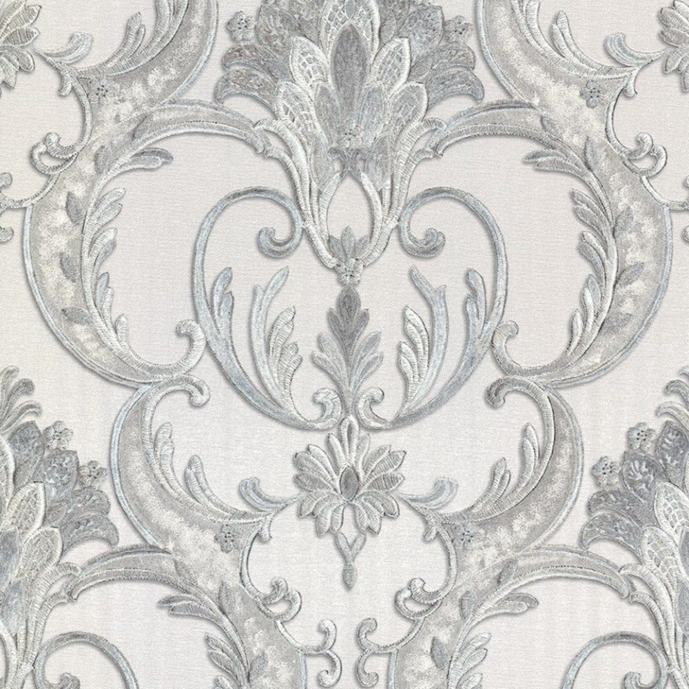 Perla Damask Silver Wallpaper | WonderWall by Nobletts | Debona